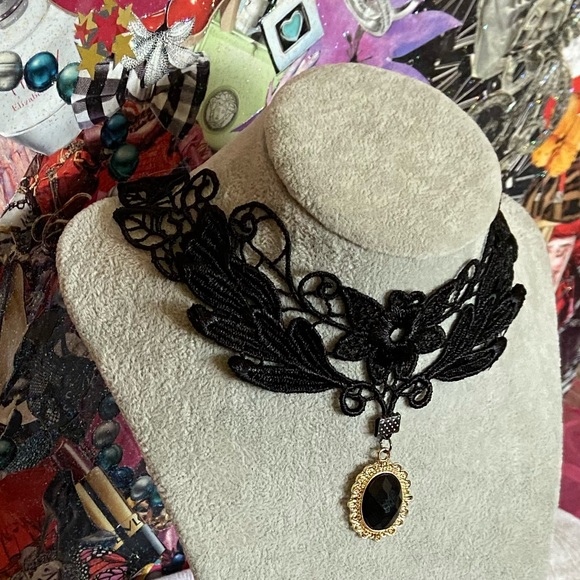 Vintage Jewelry - Vintage Faux Black And Gold Lace Choker